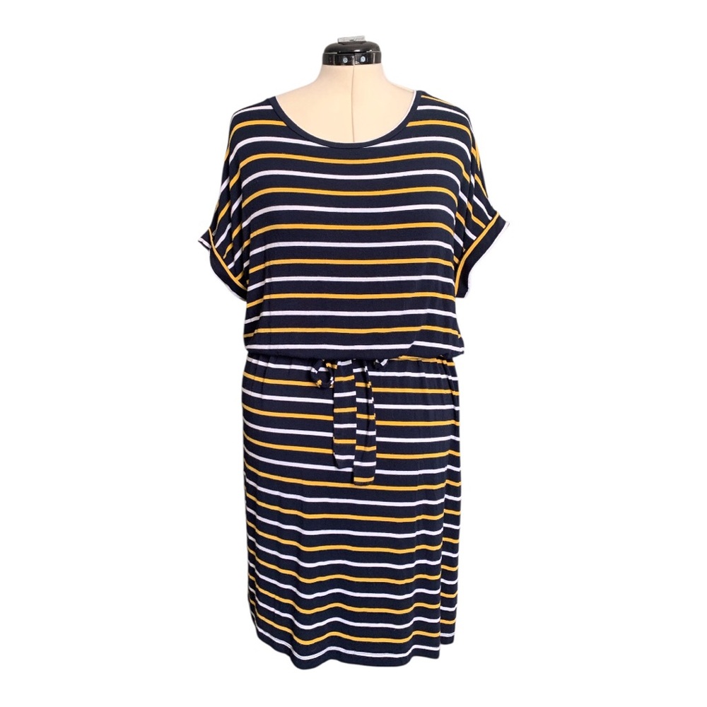 Banana Republic Navy Blue Yellow & White Stripe Tie Waist Dress